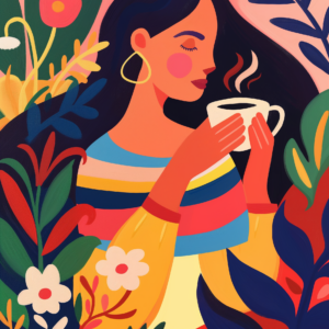 Botanical Woman Drinking Coffee printable wall art, botanical feminine decor, colorful living room print