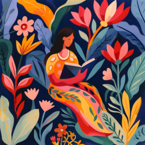 Botanical Woman Reading In The Garden printable wall art, botanical feminine decor, colorful living room print