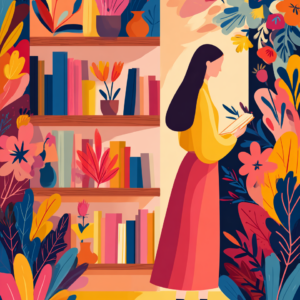 Botanical Bookshop Woman Printable Wall Art, Feminine Reading Nook Decor, Colorful Floral Bookstore Print