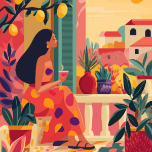 Woman On Balcony With Lemon Trees Printable Wall Art, Mediterranean Botanical Decor, Feminine Summer Print