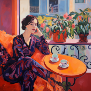 Woman With Coffee On Balcony printable wall art, Mediterranean decor print, colorful kitchen and dining art