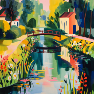 Spreewald Canal Bridge Printable Wall Art, German River Village Decor, Colorful Floral Landscape Print