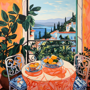 Mediterranean Breakfast Balcony printable wall art, Mediterranean decor print, colorful kitchen and dining art