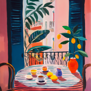 Lemon Breakfast On Balcony printable wall art, Mediterranean decor print, colorful kitchen and dining art