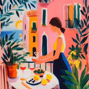 Aperitivo Terrace Printable Wall Art, Mediterranean Woman Decor, Colorful Kitchen And Dining Room Print